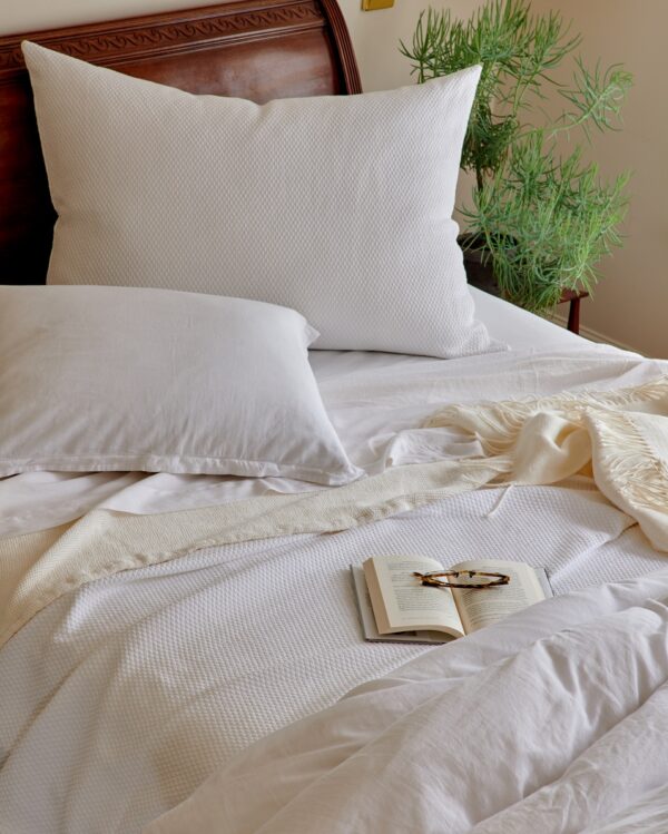 Florence Sheets and Duvet on bed with Blair White Sacha Ivory and Sylvan Ivory