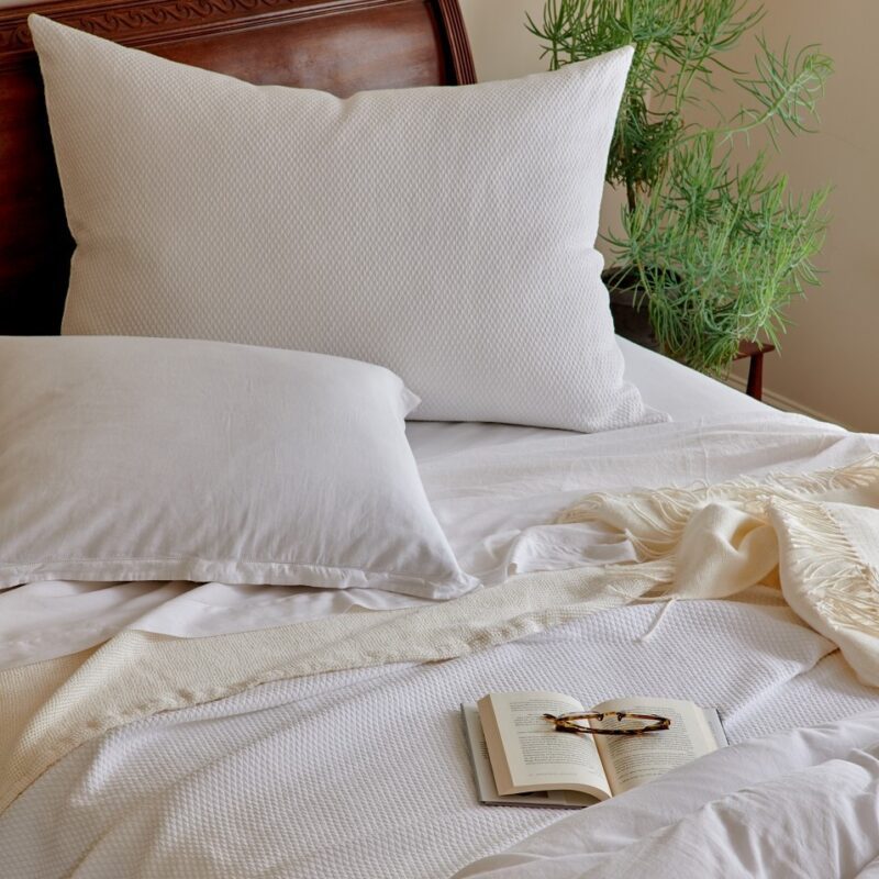 Florence Sheets and Duvet on bed with Blair White Sacha Ivory and Sylvan Ivory